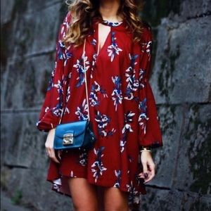 Oxblood Baggy Long Sleeve Floral Dress